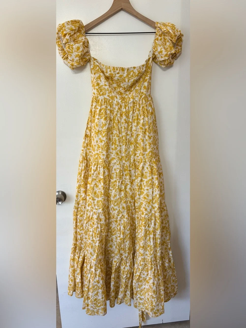 Aqua Women Yellow Floral Off Shoulder Cotton Bubble Sleeves Maxi Dress Size XS